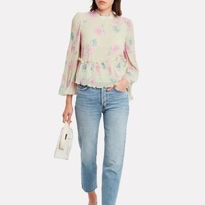 GANNI Pleated Georgette Pastel Floral Top Size Small